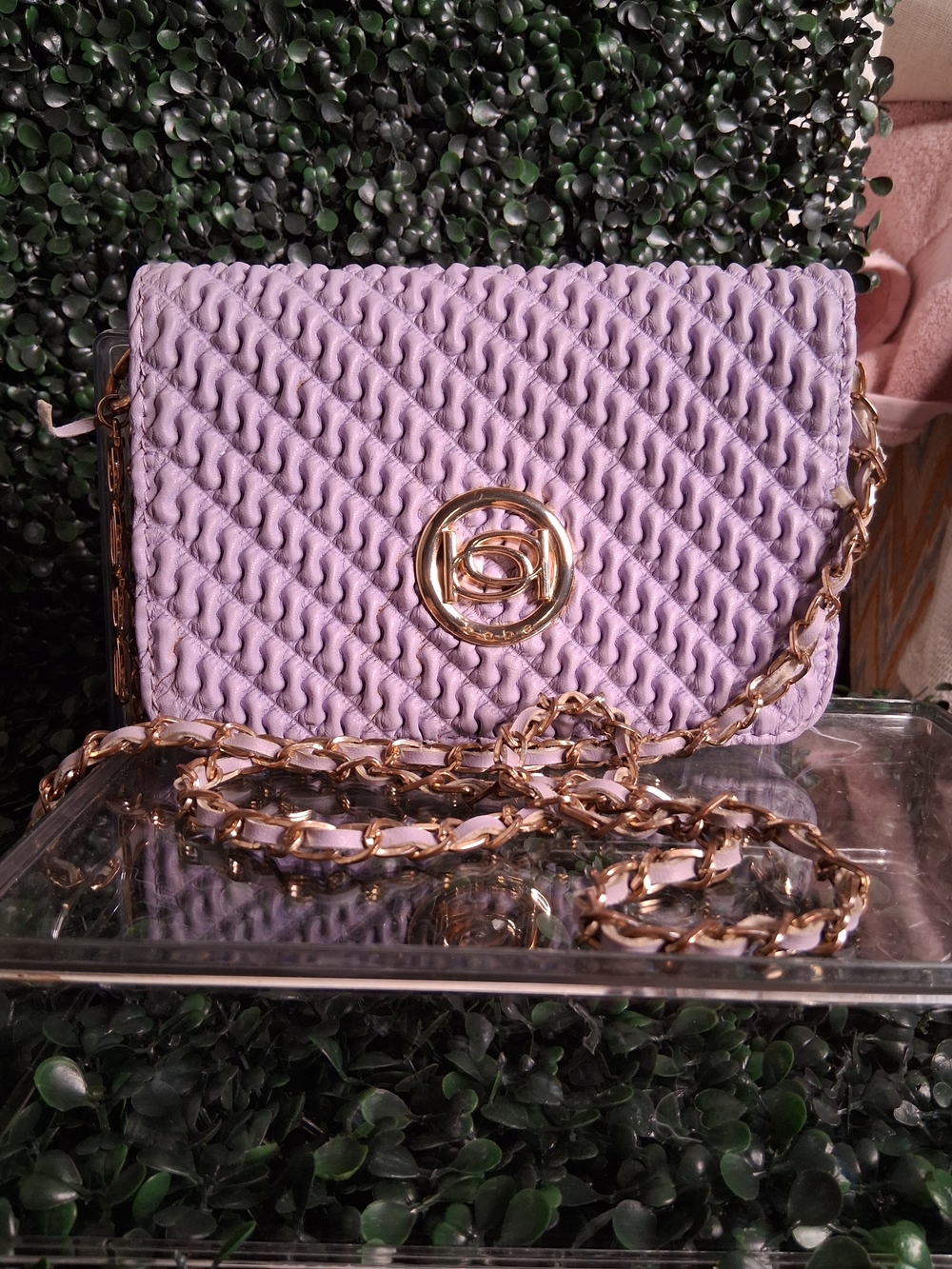 bebe Lavender Quilted Chain Crossbody Bag with Gold Hardware